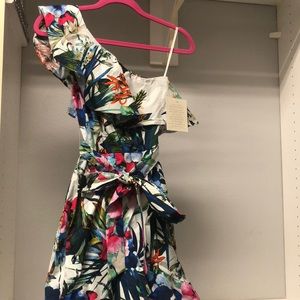One shoulder floral  belted dress